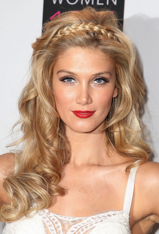 Long blonde wavy hair style with braided headband - Delta Goodrem hairstyles