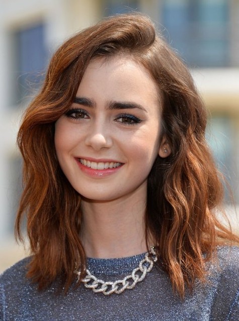 Lily Colins Shaggy Bob Haircut for Thick Hair